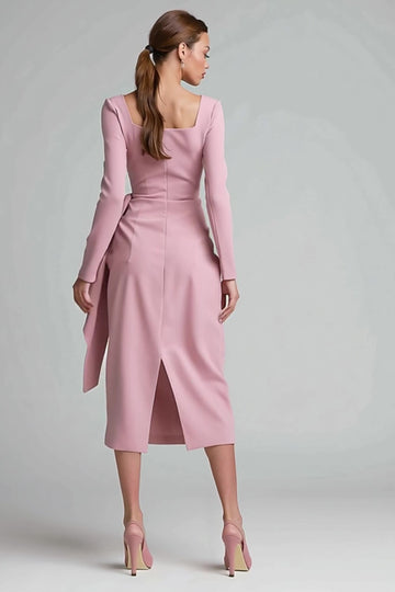 Pink Pencil Long Sleeve Work Dress With Sash